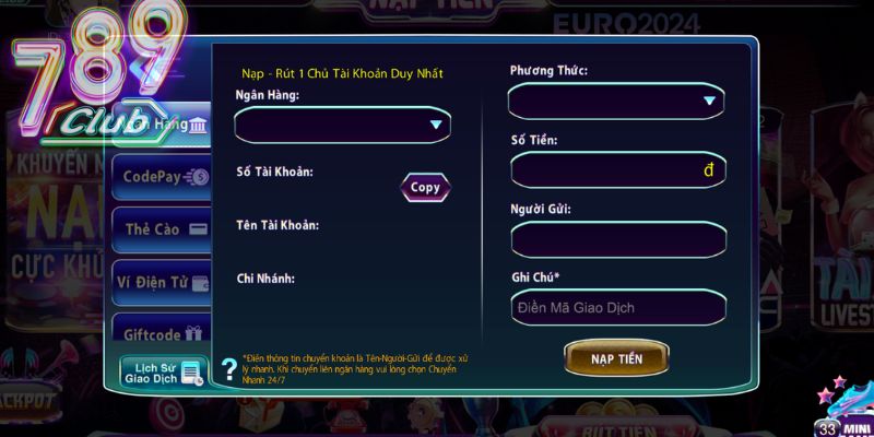 Nạp tiền nhanh tay để trải nghiệm chơi game Bầu Cua Livestream tại 789 Club 